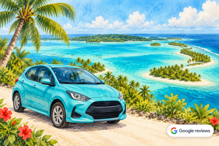 Watercolour illustration of a turquoise rental car in front of Aitutaki lagoon and palm-covered islands, with a Google reviews badge