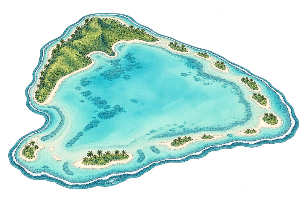 Hand-drawn illustration of Aitutaki’s turquoise lagoon and small islands