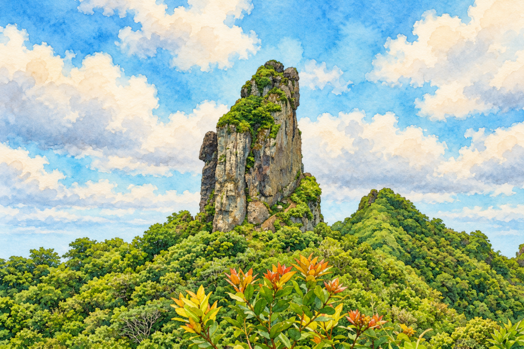 Watercolour adaptation of a real photograph of Te Rua Manga, The Needle, preserving its craggy summit and forest setting