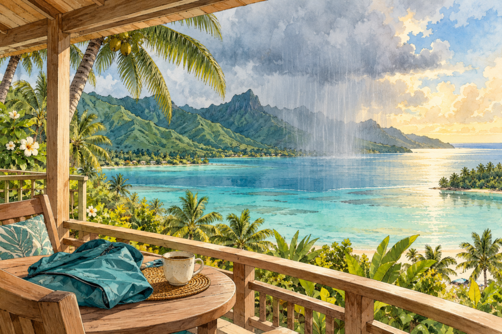 Watercolour illustration of a passing rain shower over an island lagoon viewed from a sheltered veranda