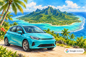 Watercolour illustration of a turquoise rental car in front of Rarotonga island, with a Google reviews badge