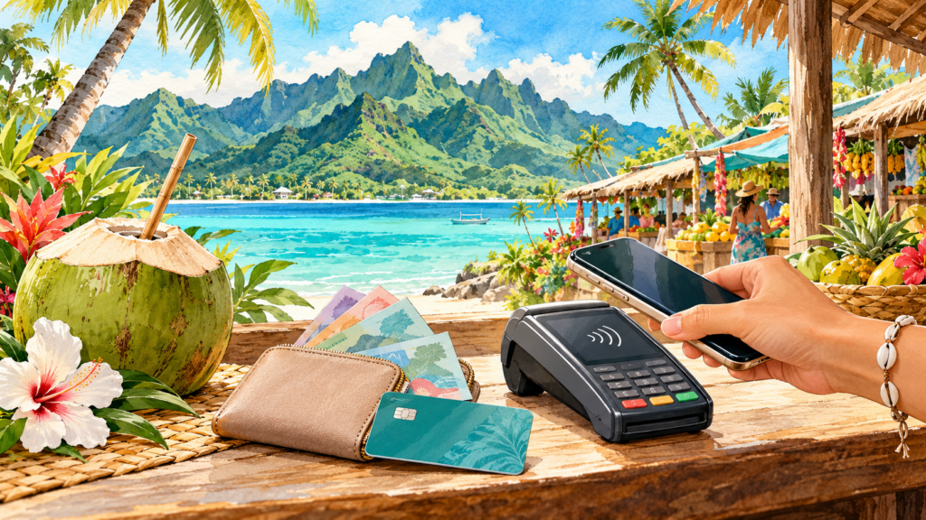 Watercolour illustration of cash, a bank card, phone payment and a drinking coconut at an island market, with Rarotonga’s green mountains and turquoise lagoon behind.