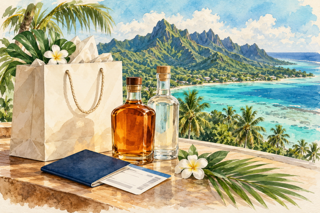 Watercolour illustration of duty-free shopping bags and spirit bottles with Rarotonga’s mountains and turquoise lagoon behind