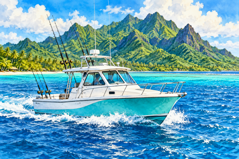 Watercolour illustration of a turquoise-and-white fishing charter boat on the ocean with Rarotonga’s green mountains behind
