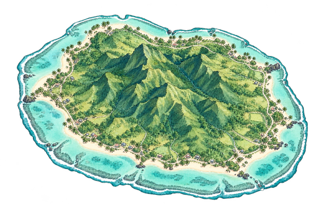 Hand-drawn illustration of Rarotonga, with green mountains and a turquoise reef