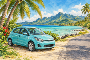 Watercolour illustration of a turquoise rental car beside a palm-lined island road and lagoon