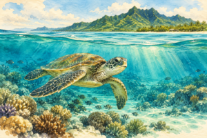 Watercolour illustration of a sea turtle swimming above a turquoise reef with an island in the distance